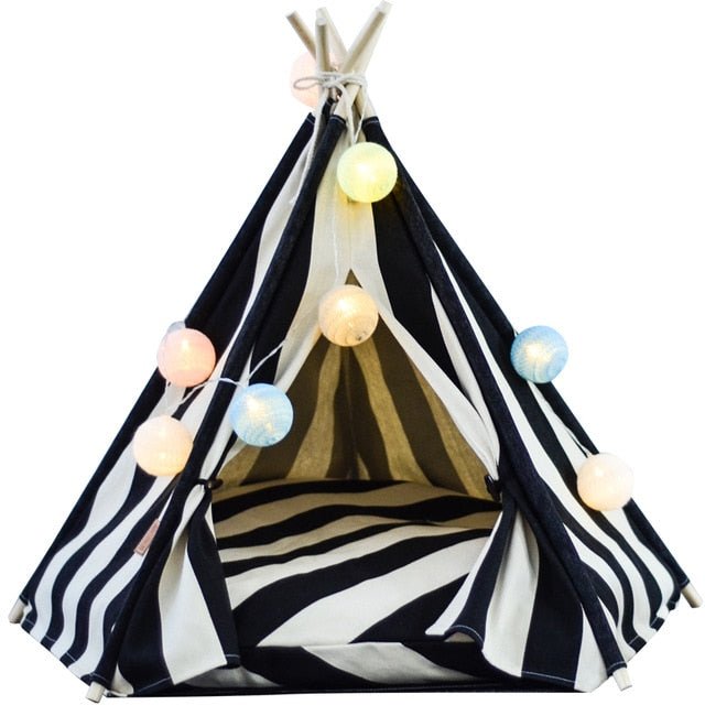 Large Pop Up Pet Dog Teepee Bed Tent - Black - white canvas, 5-corner tent image