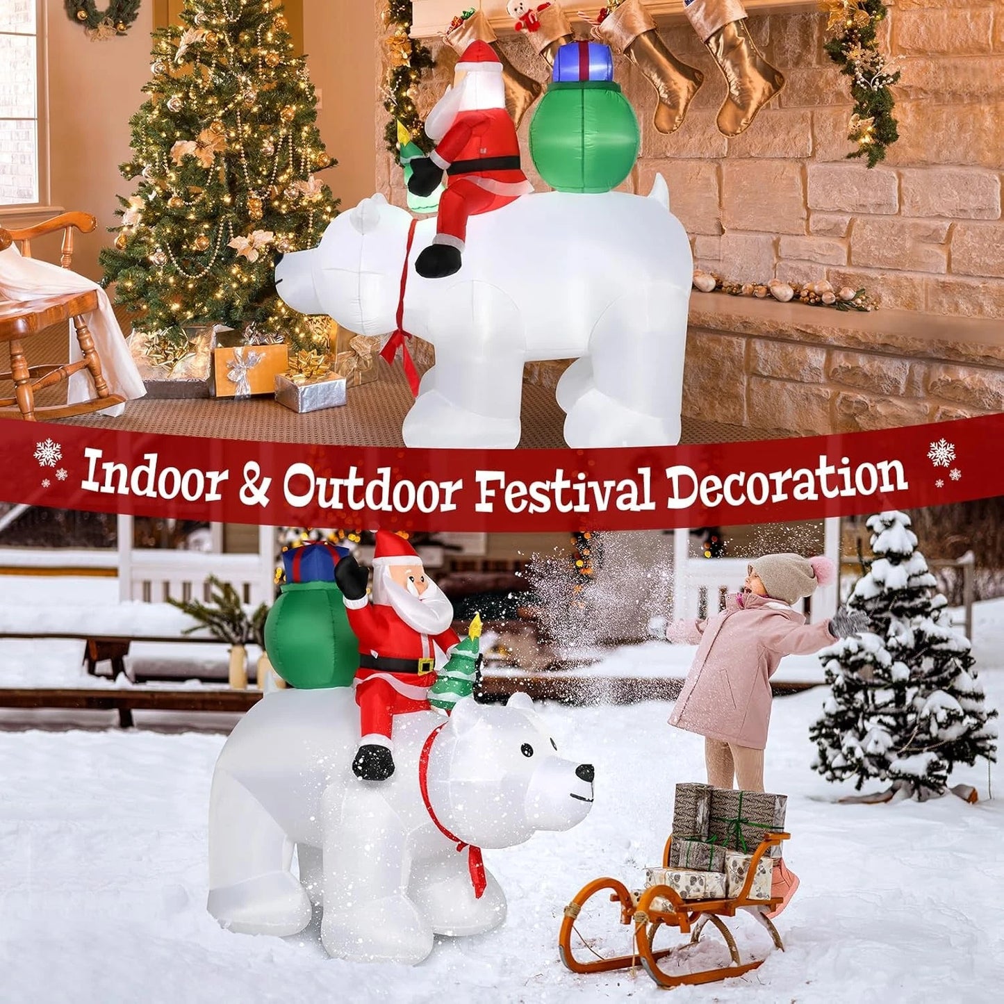 Giant Inflatable Outdoor Christmas Blow Up Santa With Polar Bear 7 Ft image 1