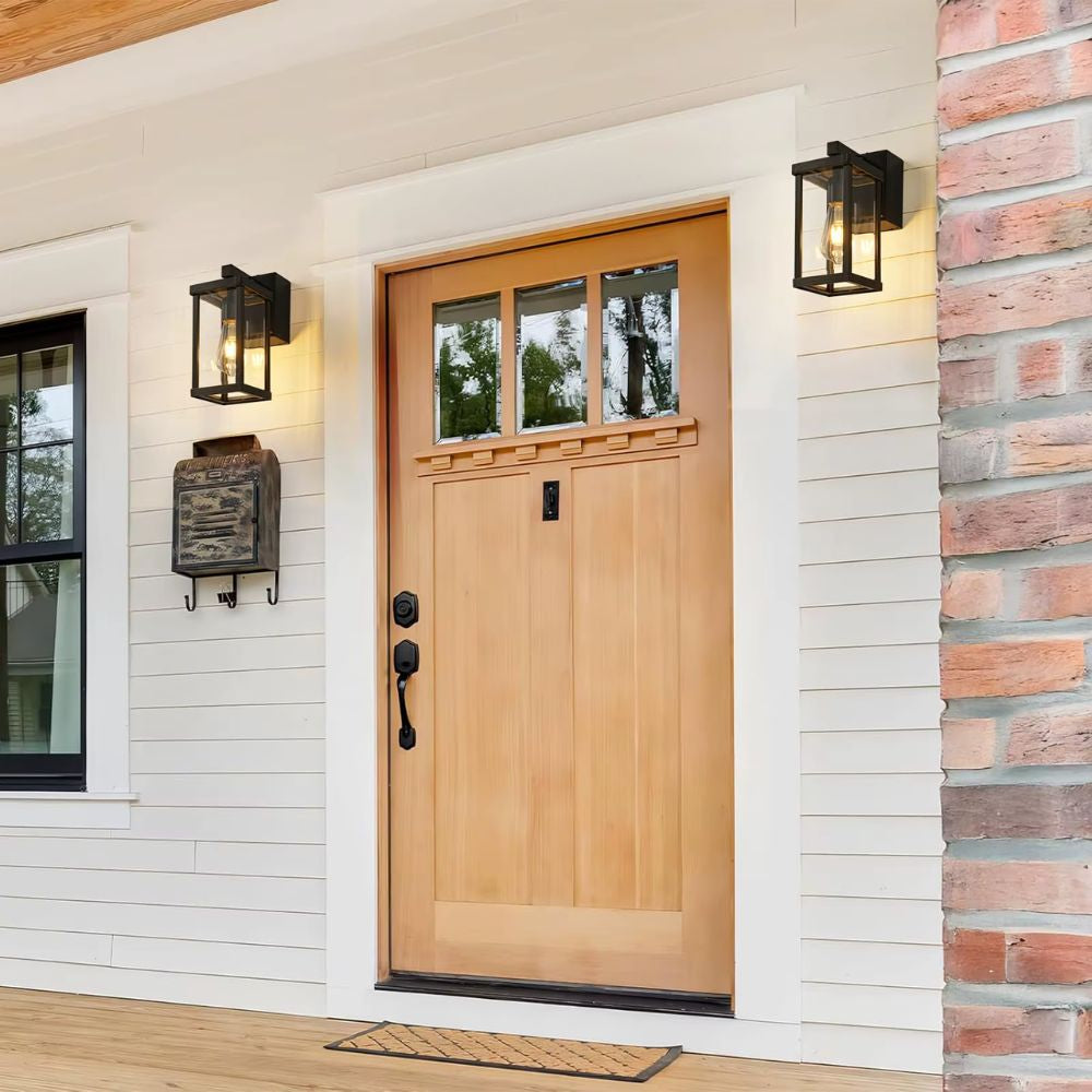 Modern Outdoor Wall Lantern with GFCI Outlet – Weatherproof Dusk-to-Dawn Light