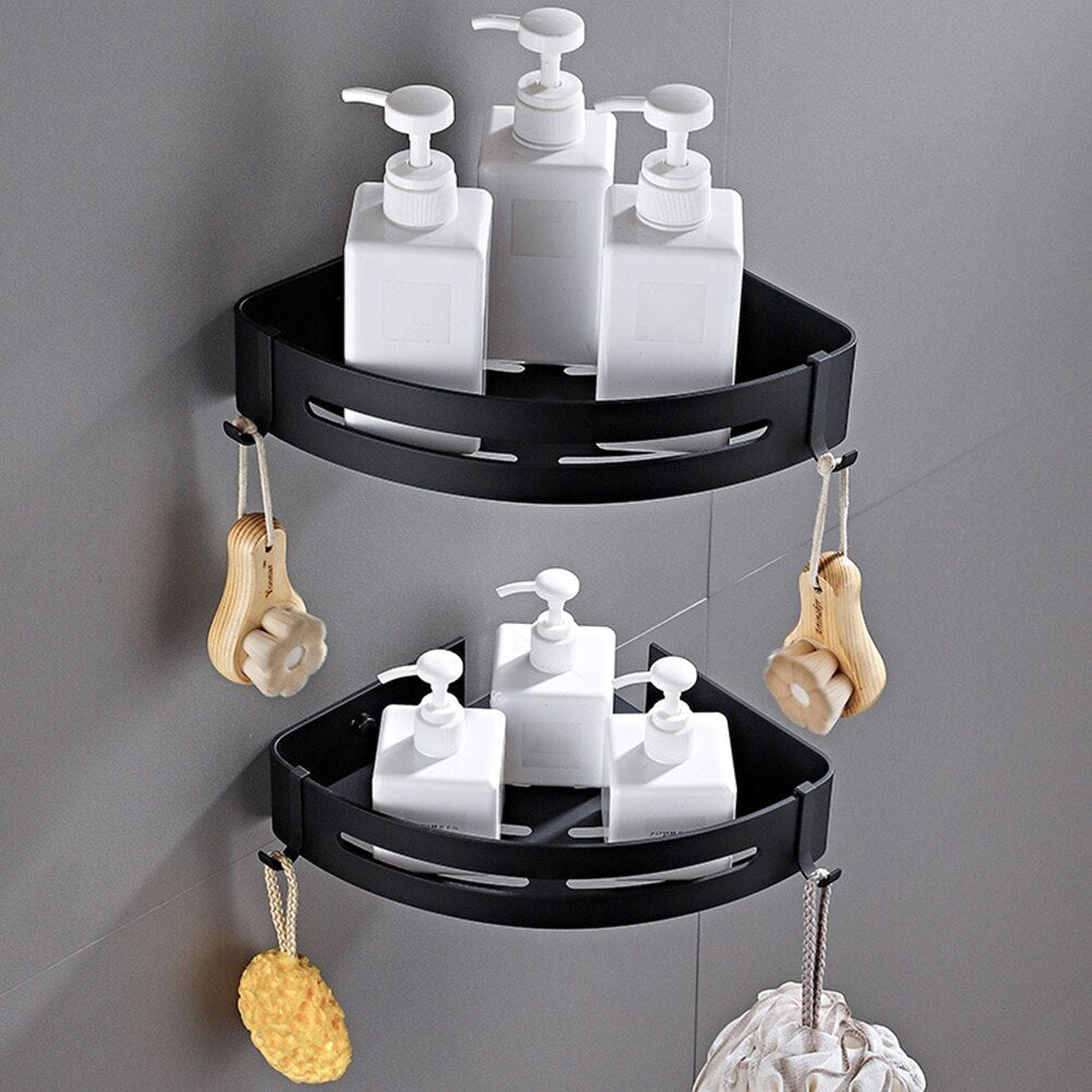 Large Wall Mounted Bathroom Shower Corner Shelf Caddy Rack - Black image