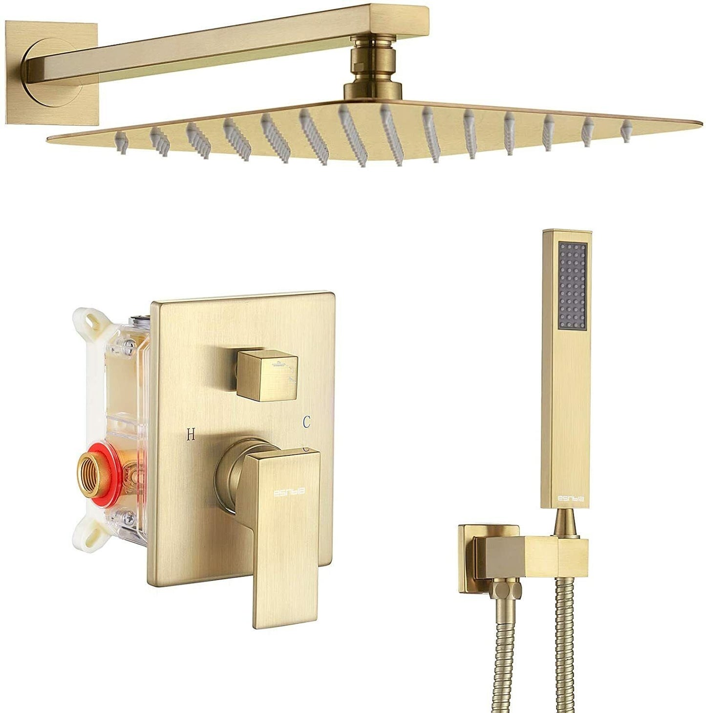 Wall-Mounted Shower Faucet Combo with Rainfall Shower Head and Mixer Valve - Brushed Gold, 12 inch image
