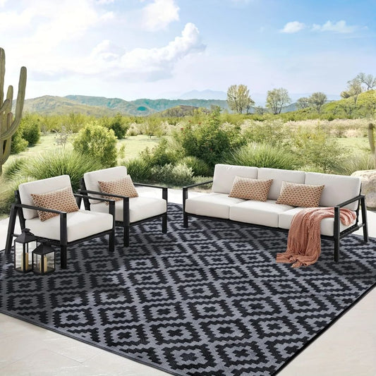 Black & Gray Cross Pattern Outdoor Rug – Waterproof Reversible Plastic Straw Patio Mat