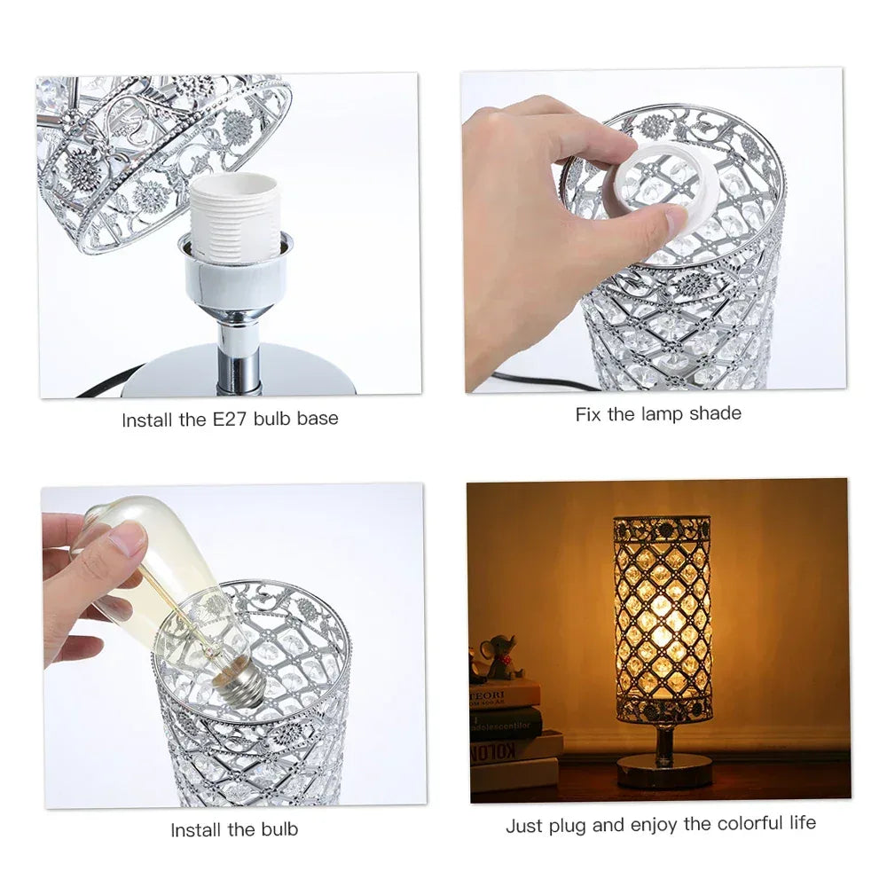 Crystal Bedside Table Lamp – Hollow-Carved Silver Desk Light
