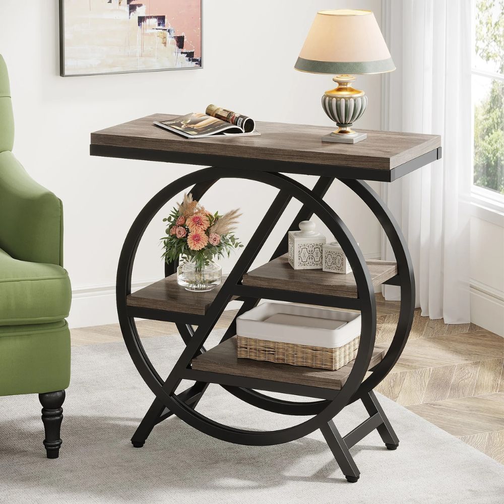 3-Tier Narrow End Table with Storage & Geometric Metal Frame for Living Room