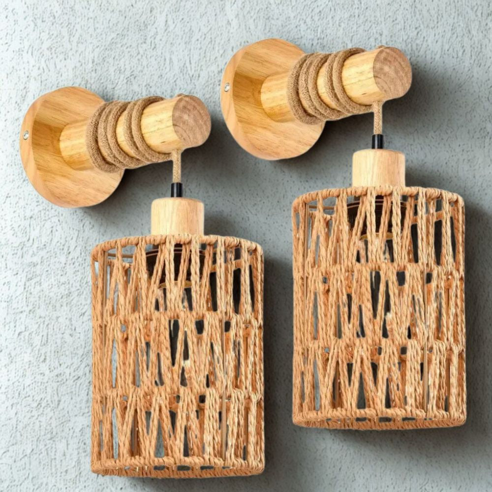 Hemp Rope Bedhead Wall Lamp – Cylindrical Rattan Wall Light for Bedroom & Farmhouse Decor