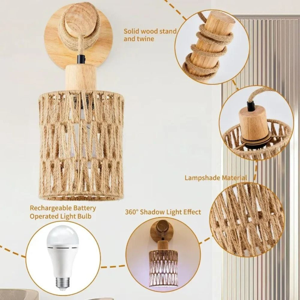Hemp Rope Bedhead Wall Lamp – Cylindrical Rattan Wall Light for Bedroom & Farmhouse Decor