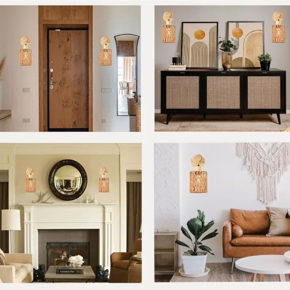 Hemp Rope Bedhead Wall Lamp – Cylindrical Rattan Wall Light for Bedroom & Farmhouse Decor