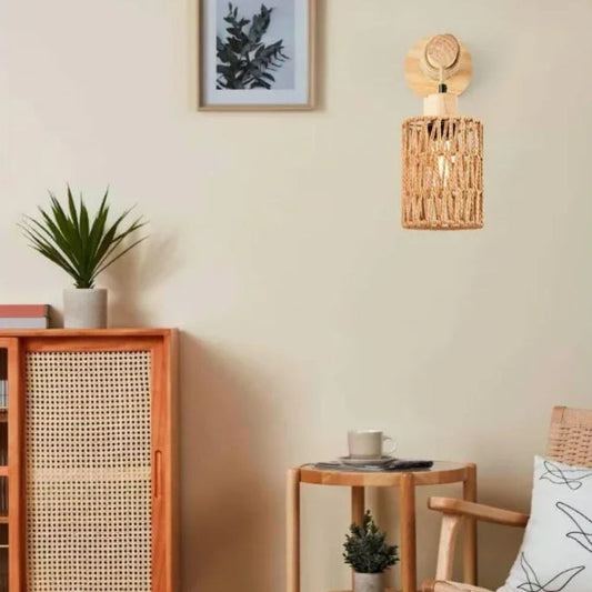 Hemp Rope Bedhead Wall Lamp – Cylindrical Rattan Wall Light for Bedroom & Farmhouse Decor