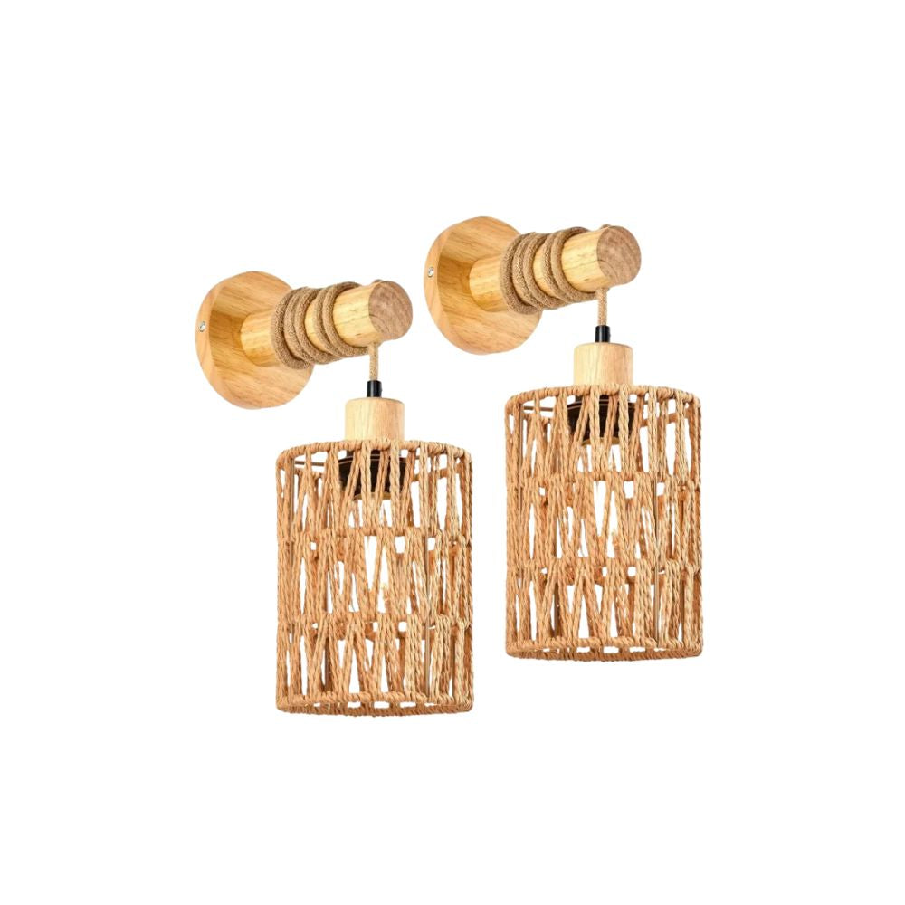 Hemp Rope Bedhead Wall Lamp – Cylindrical Rattan Wall Light for Bedroom & Farmhouse Decor