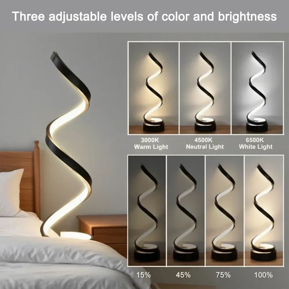 LED Spiral Table Lamp – Adjustable Brightness Modern Bedside Light for Home & Office