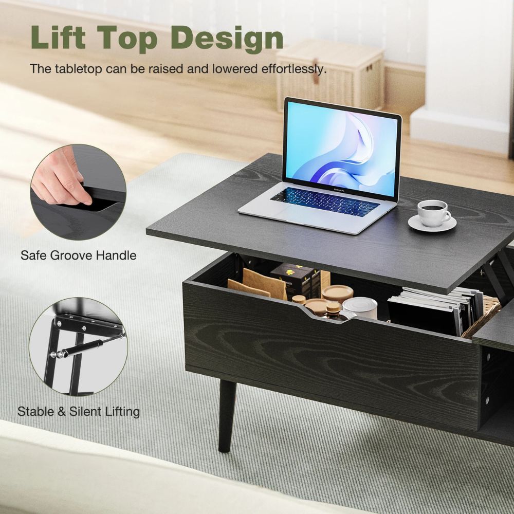Lift Top Coffee Table with Adjustable Height & Hidden Storage for Living Room