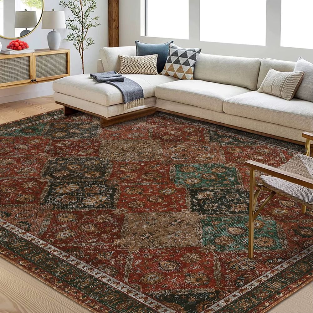 Machine Washable Moroccan Area Rug – Non-Slip, Low-Pile Vintage Living Room Carpet