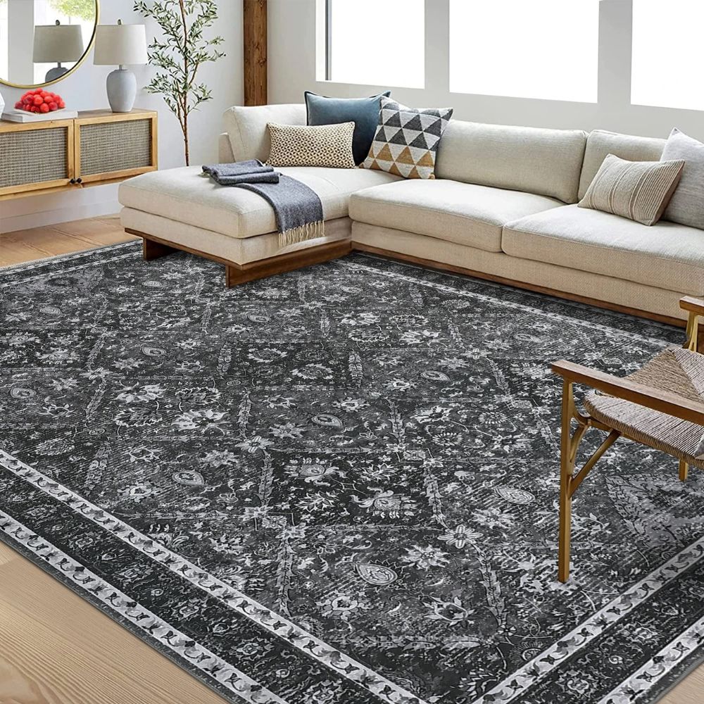 Machine Washable Moroccan Area Rug – Non-Slip, Low-Pile Vintage Living Room Carpet