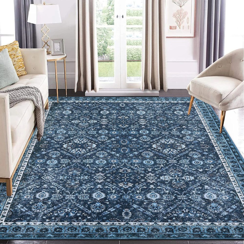 Machine Washable Moroccan Area Rug – Non-Slip, Low-Pile Vintage Living Room Carpet