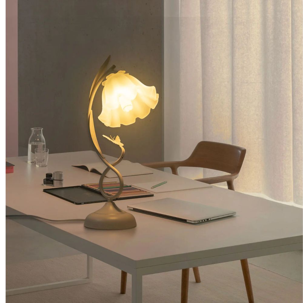 Modern Flower-Shaped Table Lamp with White Glass Lampshade for Bedroom & Living Room