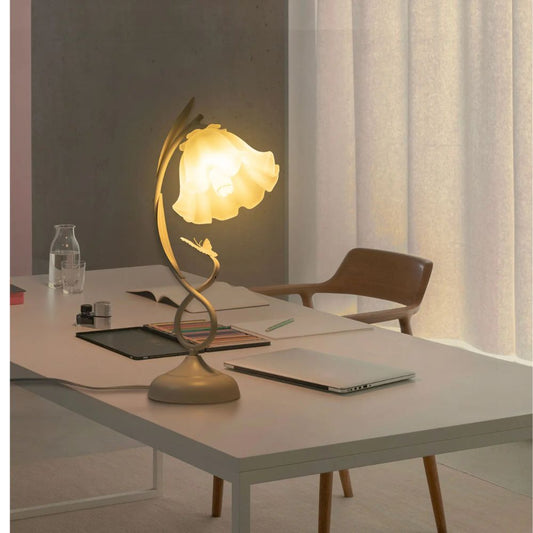 Modern Flower-Shaped Table Lamp with White Glass Lampshade for Bedroom & Living Room
