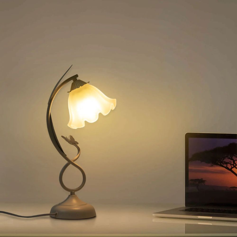 Modern Flower-Shaped Table Lamp with White Glass Lampshade for Bedroom & Living Room