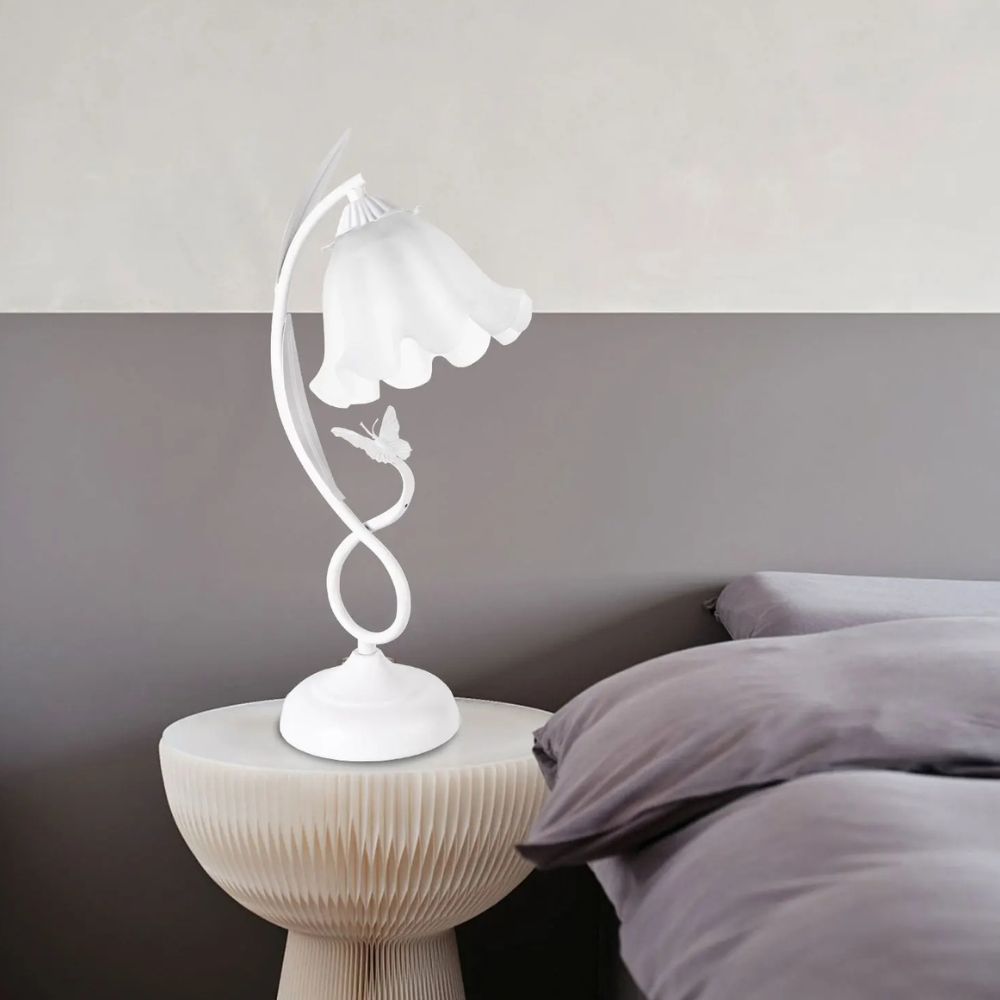 Modern Flower-Shaped Table Lamp with White Glass Lampshade for Bedroom & Living Room