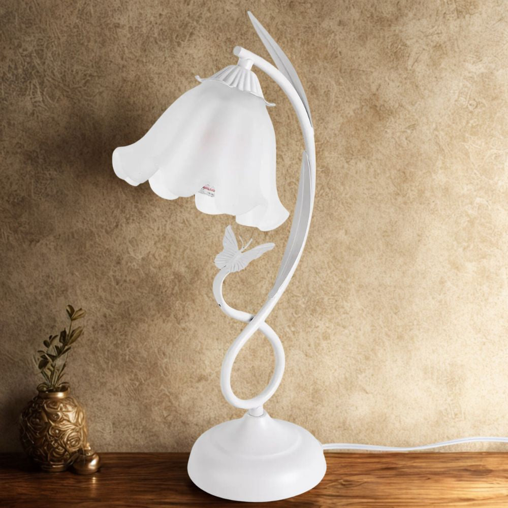 Modern Flower-Shaped Table Lamp with White Glass Lampshade for Bedroom & Living Room
