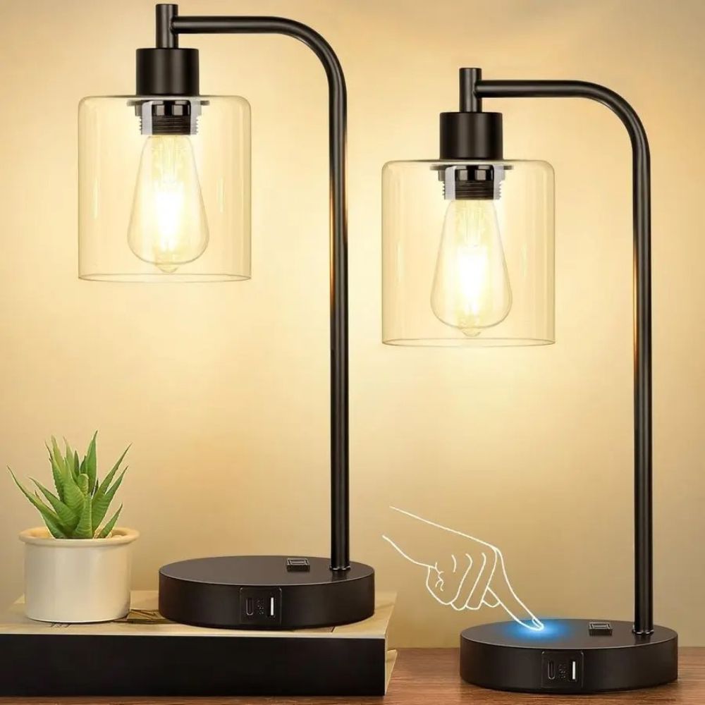 Modern Industrial Nightstand Lamp Set with Touch Adjustable Brightness