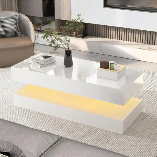 Modern LED Coffee Table with Double-Layer Design & 2 Storage Drawers