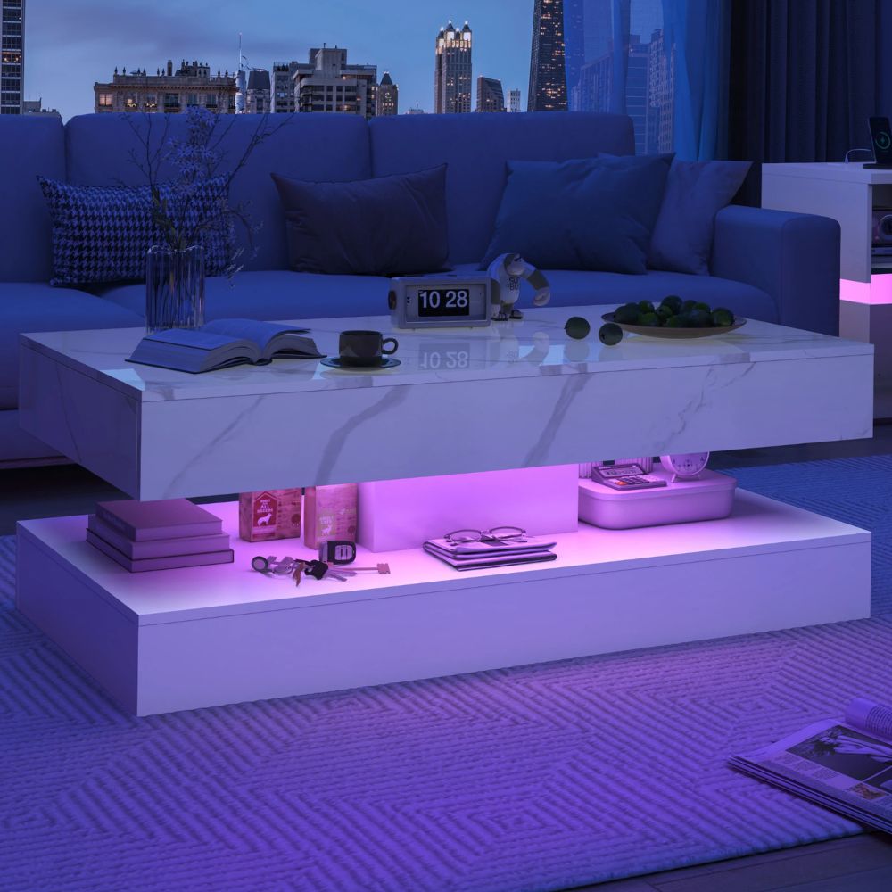 Modern LED Coffee Table with Double-Layer Design & 2 Storage Drawers