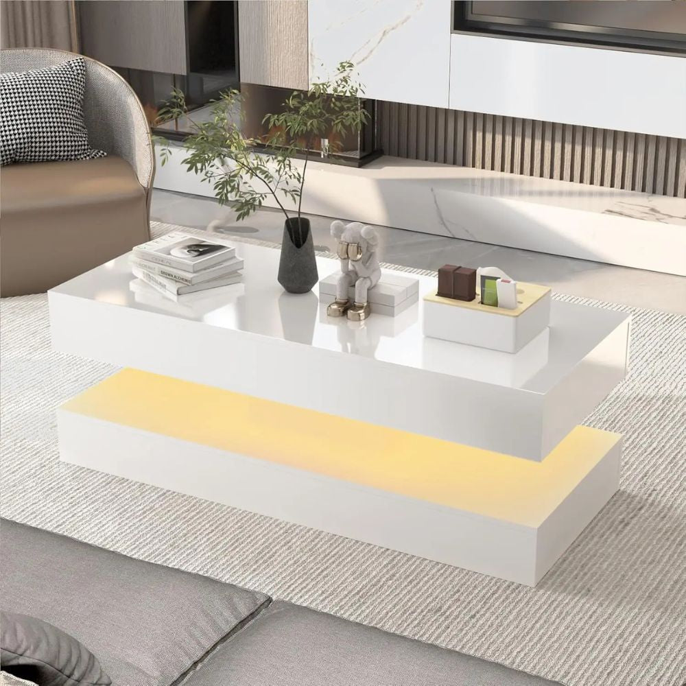 Modern LED Coffee Table with Double-Layer Design & 2 Storage Drawers
