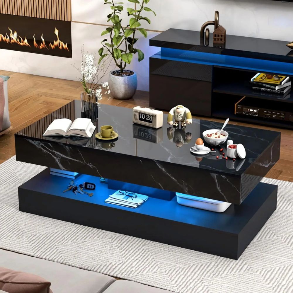 Modern LED Coffee Table with Double-Layer Design & 2 Storage Drawers