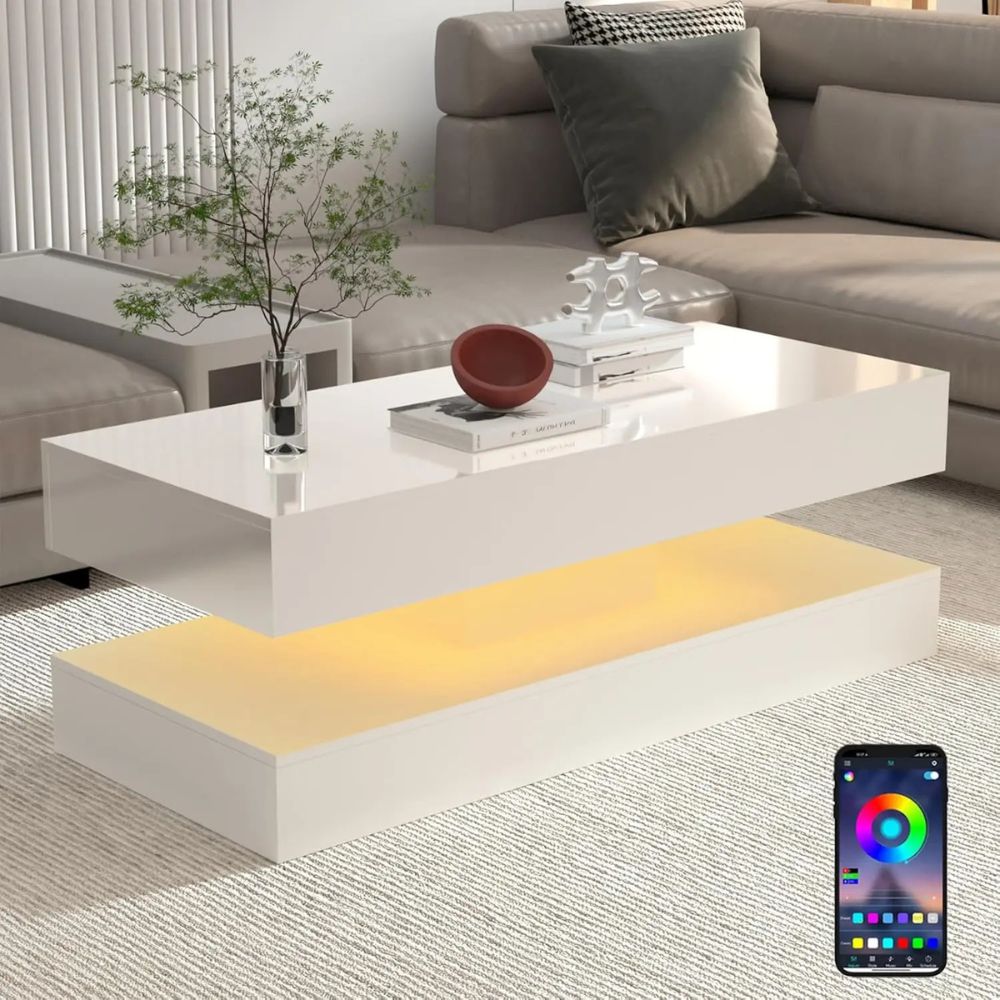 Modern LED Coffee Table with Double-Layer Design & 2 Storage Drawers