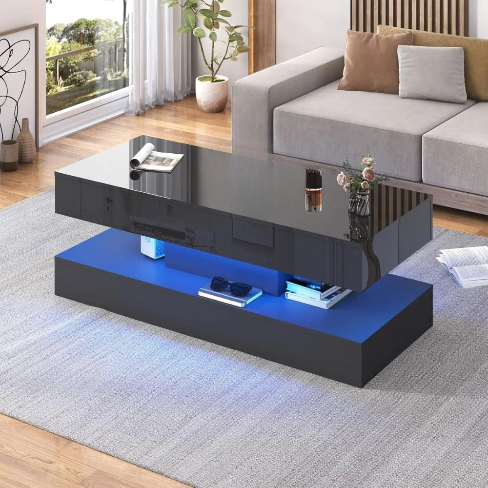 Modern LED Coffee Table with Double-Layer Design & 2 Storage Drawers