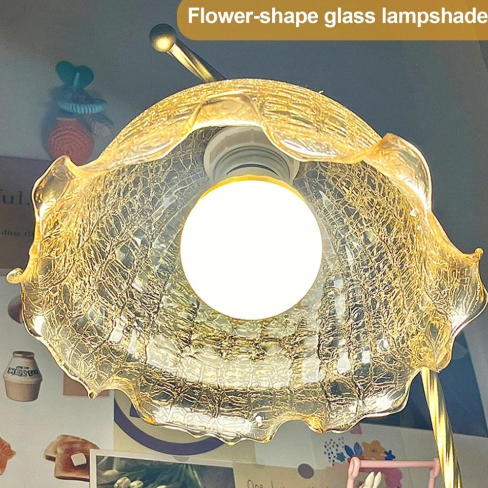 Modern Retro Bedside Table Lamp – Glass Flower Shade & Golden Copper Frame