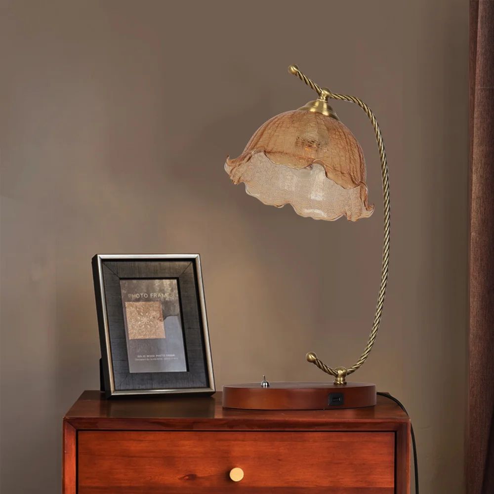 Modern Retro Bedside Table Lamp – Glass Flower Shade & Golden Copper Frame