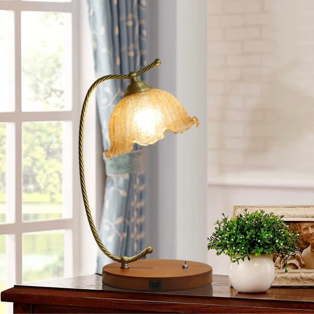 Modern Retro Bedside Table Lamp – Glass Flower Shade & Golden Copper Frame