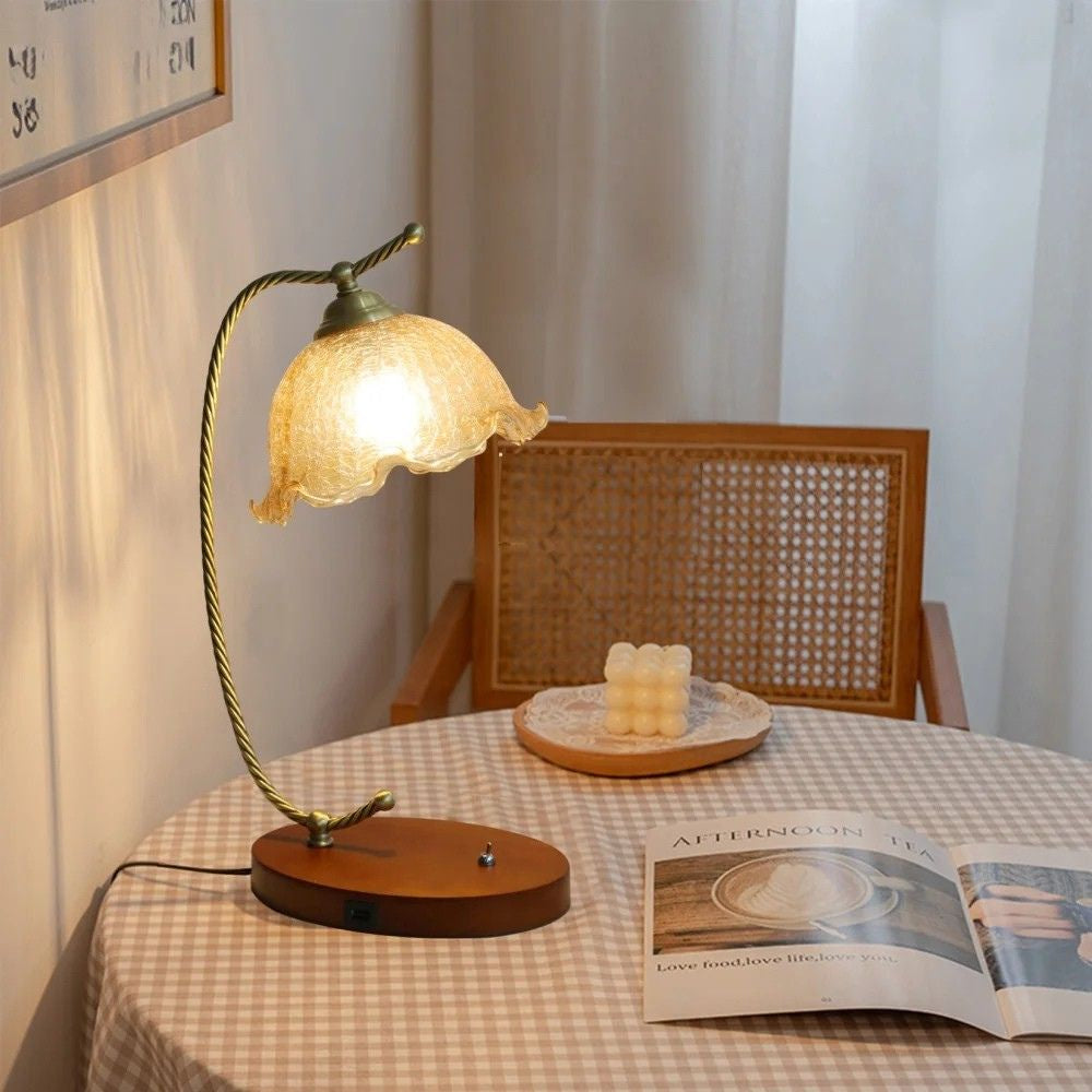 Modern Retro Bedside Table Lamp – Glass Flower Shade & Golden Copper Frame