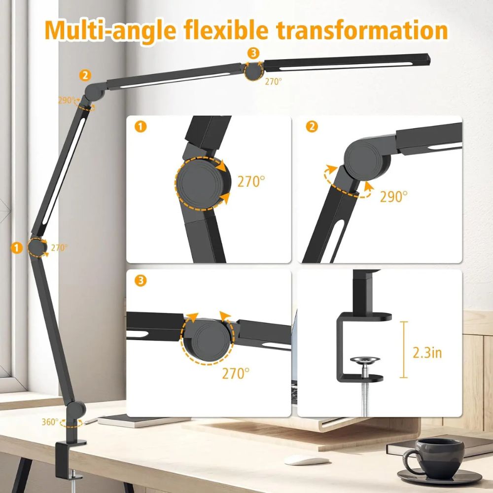 Multi-Angle Adjustable LED Desk Lamp – Space-Saving Foldable Clamp Light