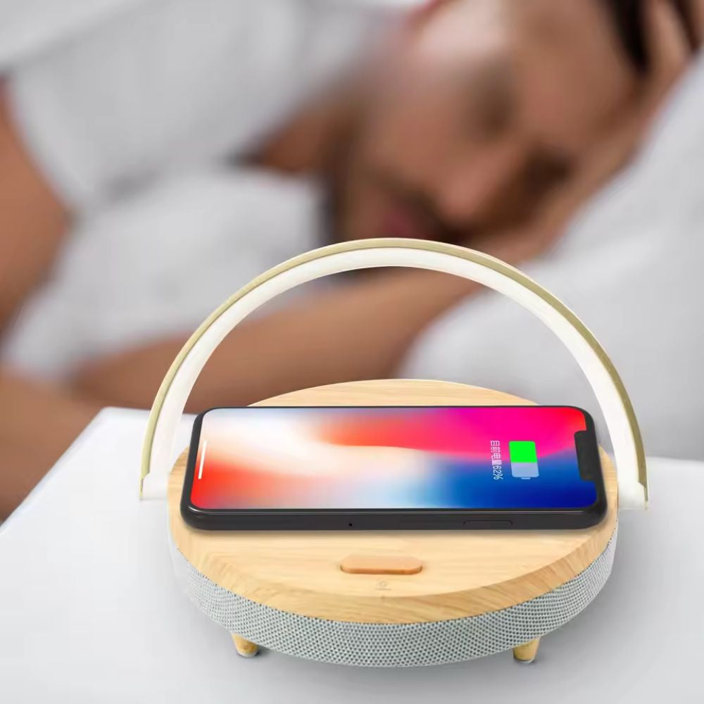 Multifunctional Wooden Table Lamp with Bluetooth Speaker & Wireless Charger