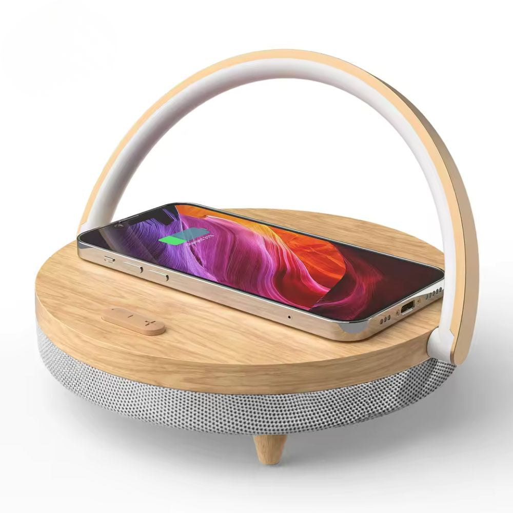 Multifunctional Wooden Table Lamp with Bluetooth Speaker & Wireless Charger