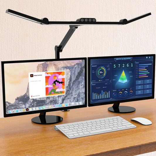 Three-Head Adjustable Desk Lamp with Memory Function for Multi-Monitor Workstations