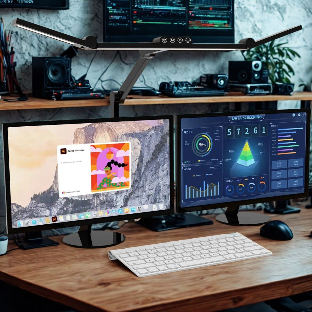 Three-Head Adjustable Desk Lamp with Memory Function for Multi-Monitor Workstations