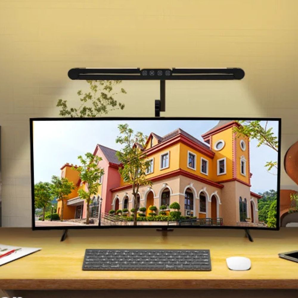 Three-Head Adjustable Desk Lamp with Memory Function for Multi-Monitor Workstations