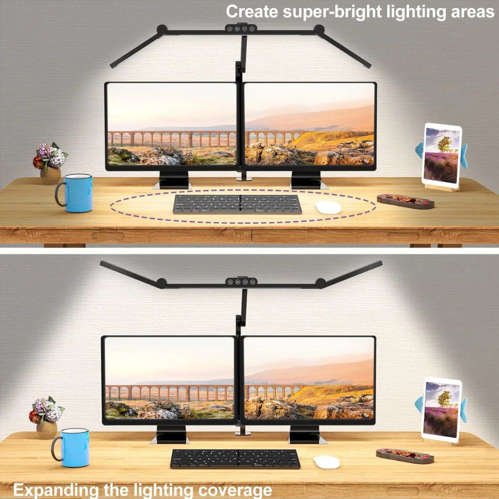 Three-Head Adjustable Desk Lamp with Memory Function for Multi-Monitor Workstations