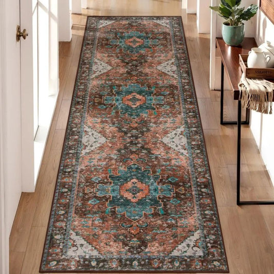 Washable Runner Rug for Hallways – Ultra Soft 26' × 8' Boho Vintage Non-Slip Medallion Carpet