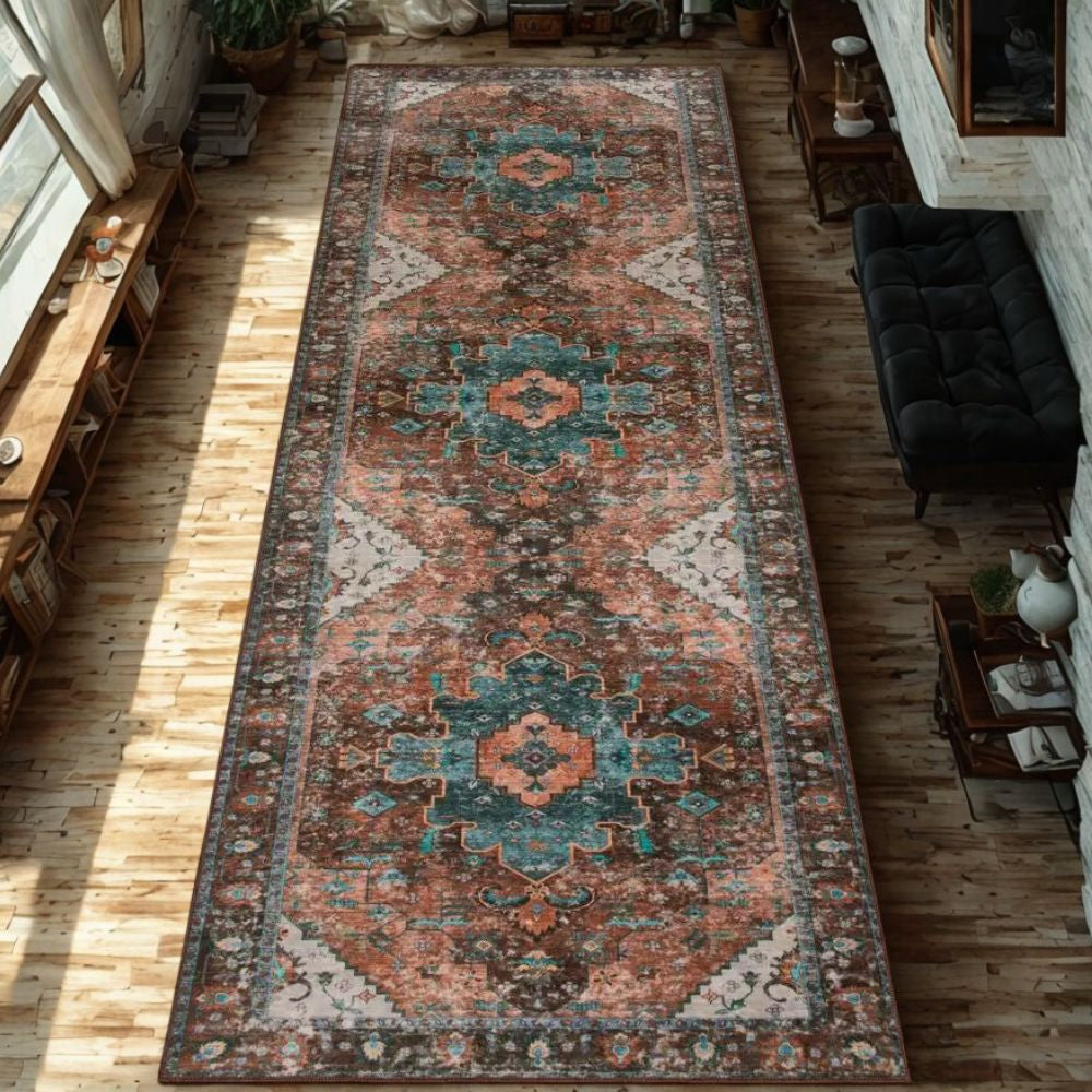 Washable Runner Rug for Hallways – Ultra Soft 26' × 8' Boho Vintage Non-Slip Medallion Carpet