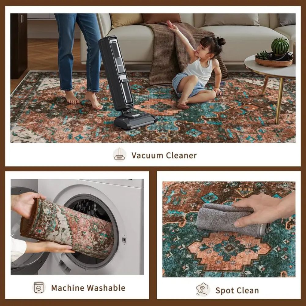 Washable Runner Rug for Hallways – Ultra Soft 26' × 8' Boho Vintage Non-Slip Medallion Carpet