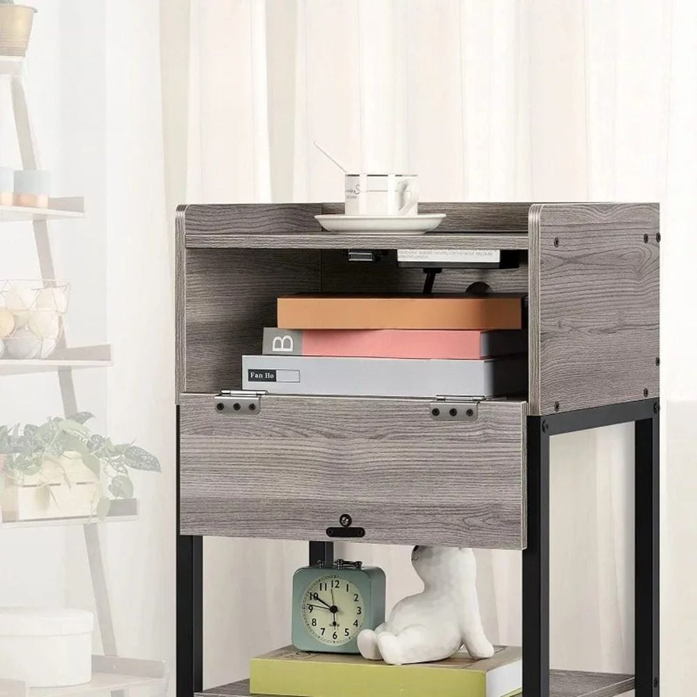 Wooden End Table with Built-In Charger & Multi-Level Storage