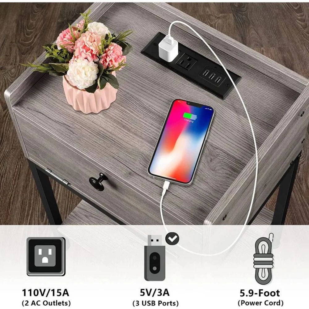 Wooden End Table with Built-In Charger & Multi-Level Storage