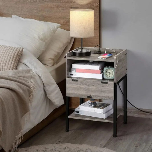 Wooden End Table with Built-In Charger & Multi-Level Storage