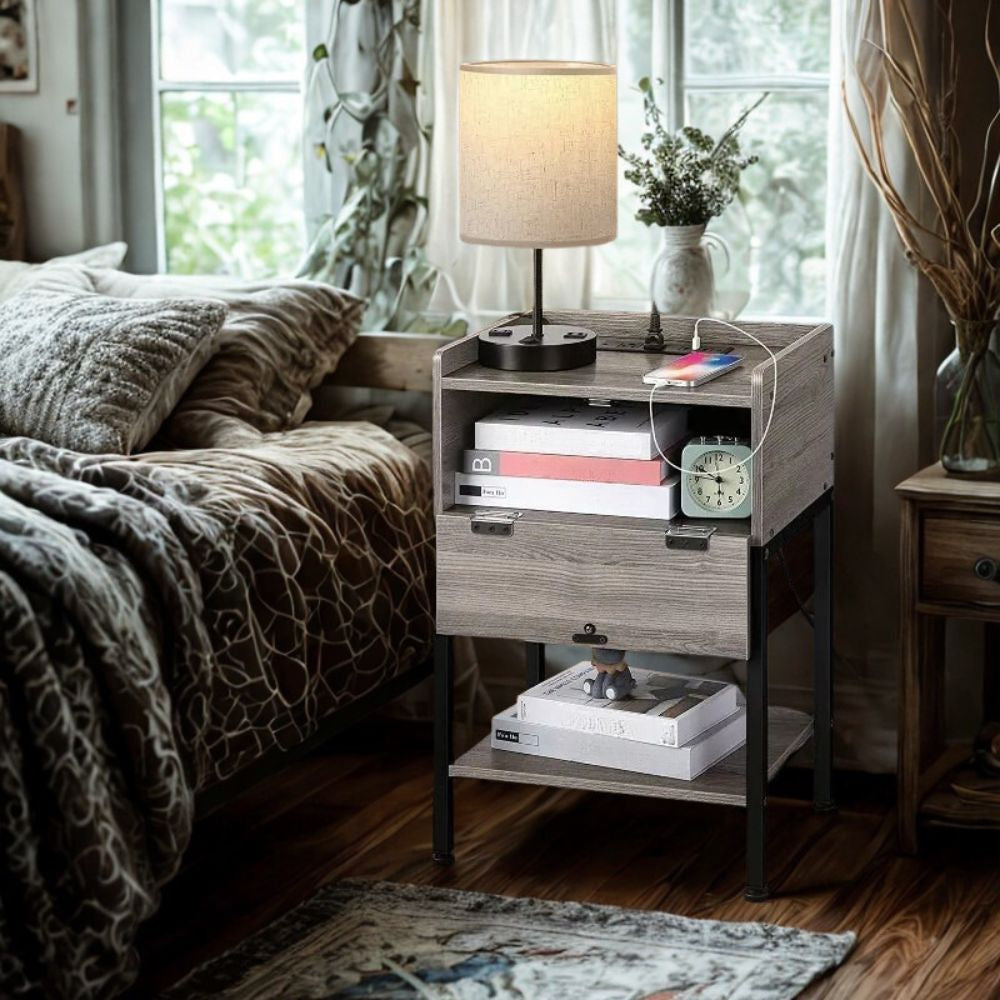 Wooden End Table with Built-In Charger & Multi-Level Storage