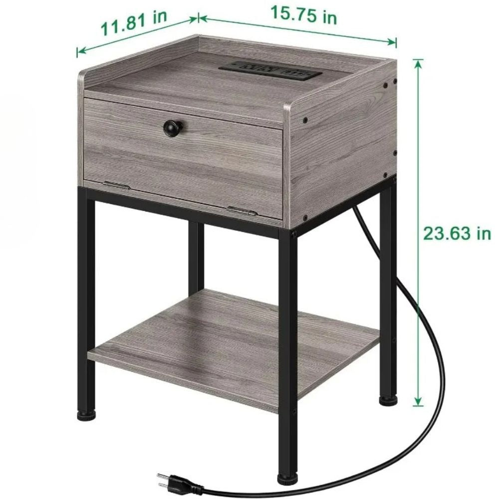 Wooden End Table with Built-In Charger & Multi-Level Storage