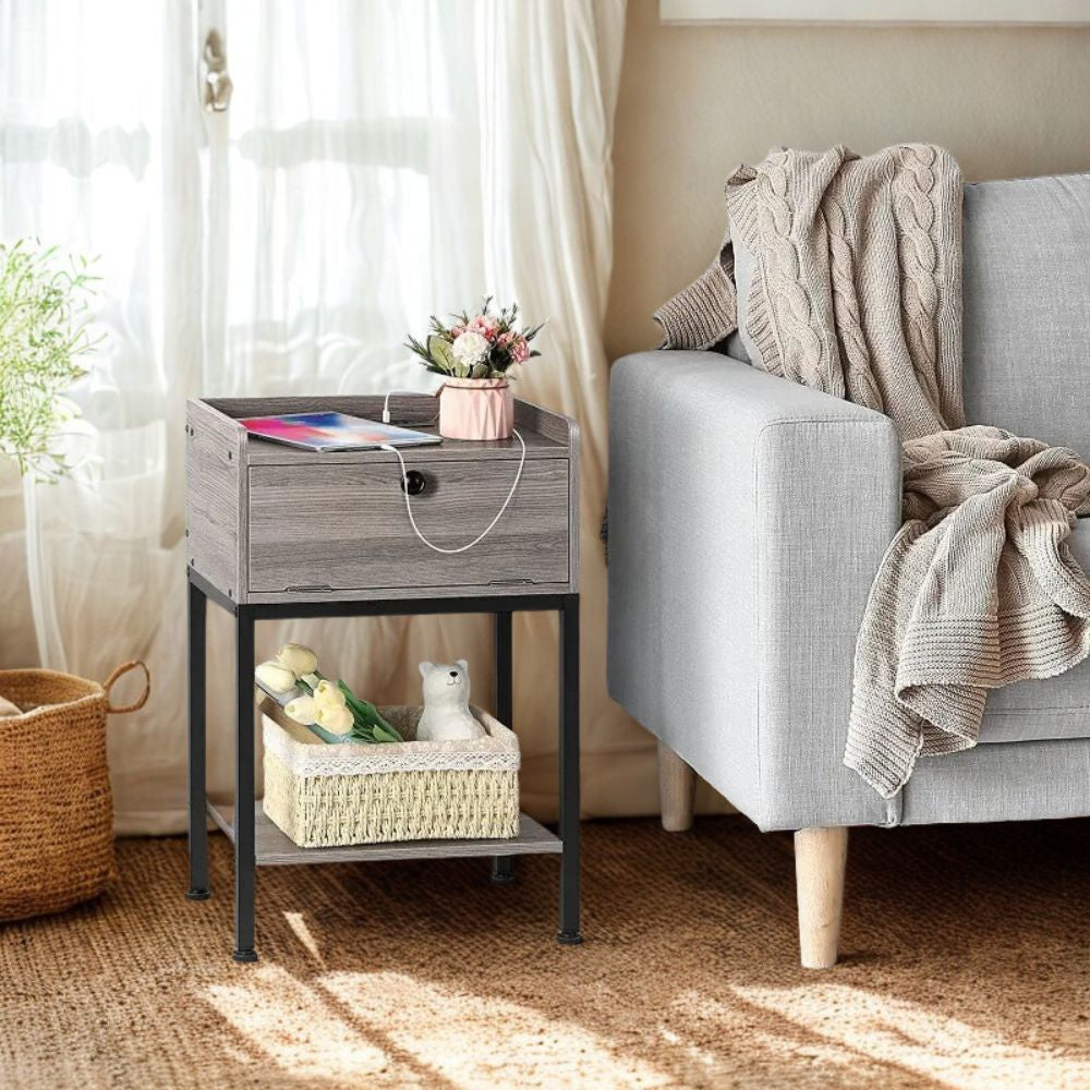 Wooden End Table with Built-In Charger & Multi-Level Storage